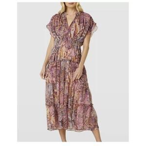 Misa Women's Purple Ilya Split-Neck Tiered Chiffon MIDI Dress Size M NWT $430